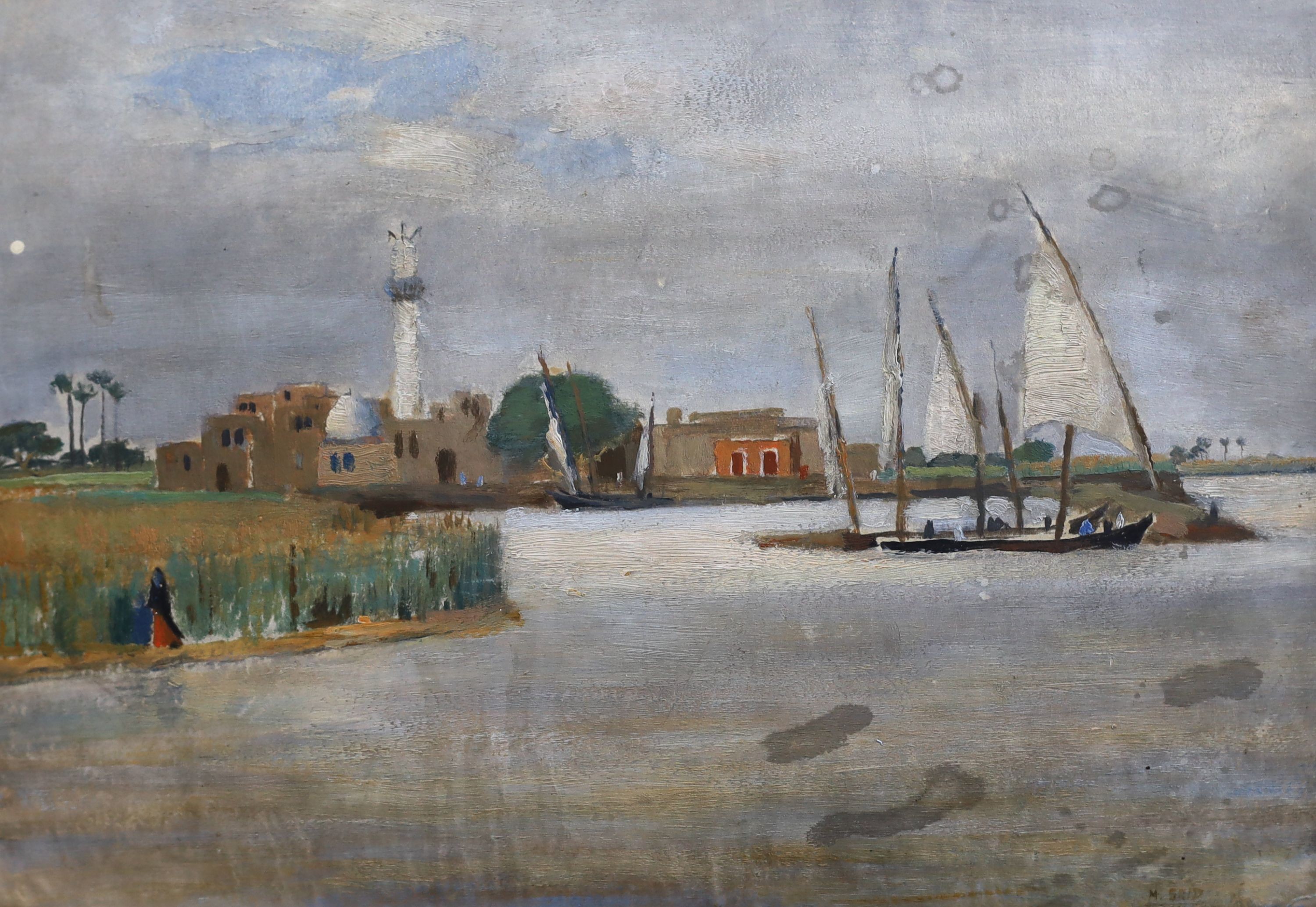 Attributed to Mahmoud Said (Egypt, 1897-1964), White mosque beside the Nile, oil on card, 23.5 x 33.5cm